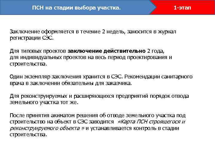 ПСН на стадии выбора участка. 1 -этап Заключение оформляется в течение 2 недель, заносится