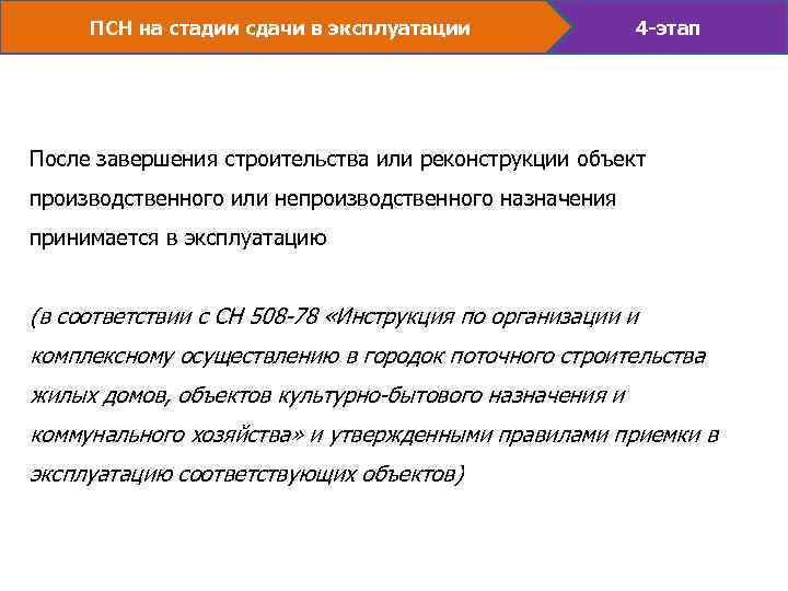 ПСН на стадии сдачи в эксплуатации 4 -этап После завершения строительства или реконструкции объект