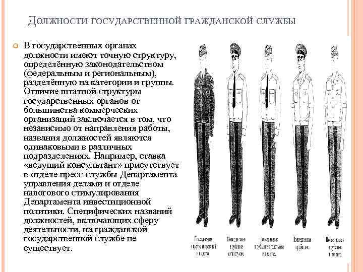 ДОЛЖНОСТИ ГОСУДАРСТВЕННОЙ ГРАЖДАНСКОЙ СЛУЖБЫ В государственных органах должности имеют точную структуру, определённую законодательством (федеральным