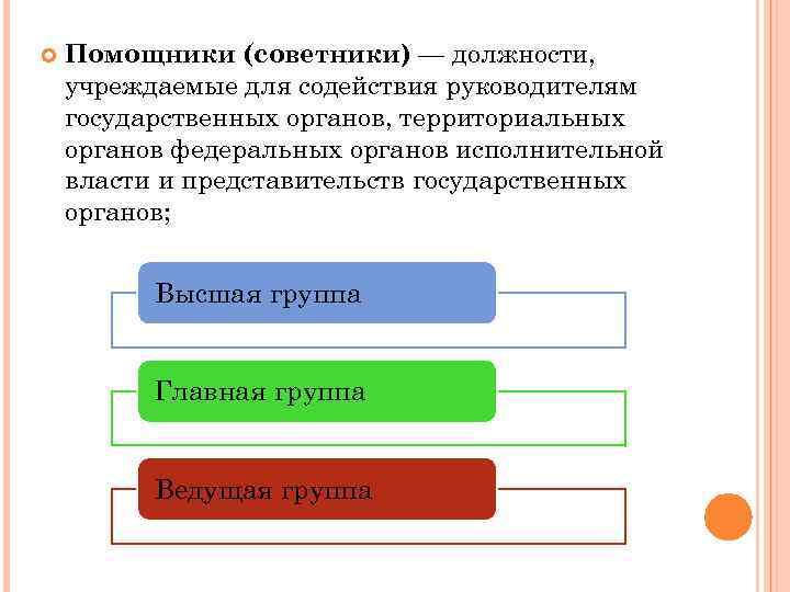  Помощники (советники) — должности, учреждаемые для содействия руководителям государственных органов, территориальных органов федеральных