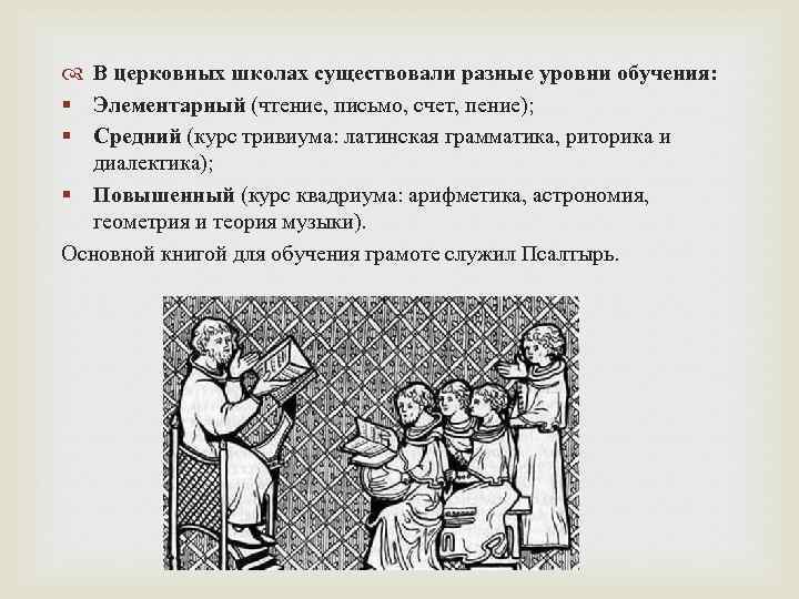  В церковных школах существовали разные уровни обучения: § Элементарный (чтение, письмо, счет, пение);