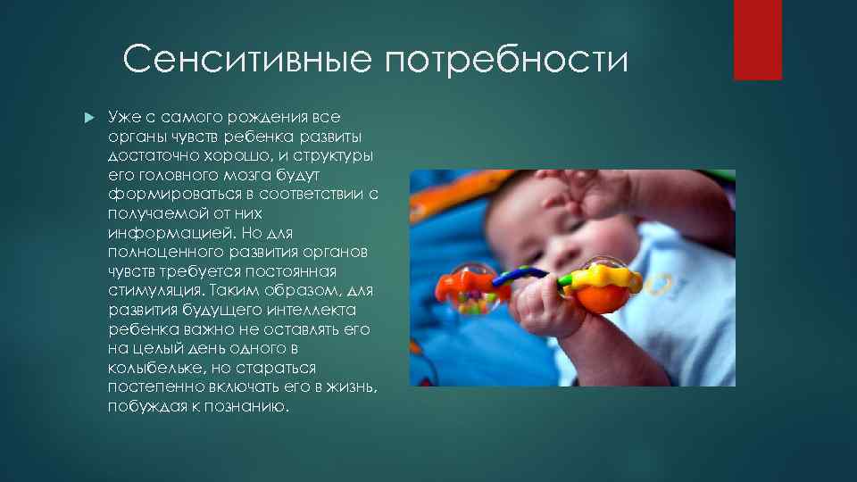 Сенситивные потребности Уже с самого рождения все органы чувств ребенка развиты достаточно хорошо, и