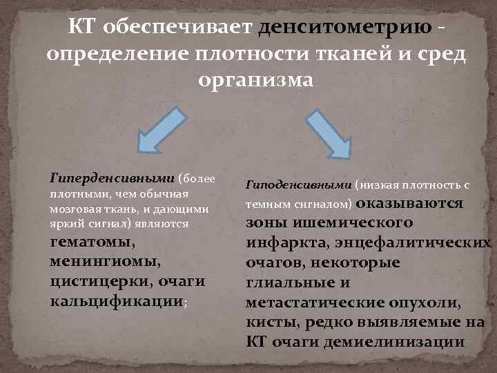 КТ обеспечивает денситометрию - определение плотности тканей и сред организма Гиперденсивными (более плотными, чем