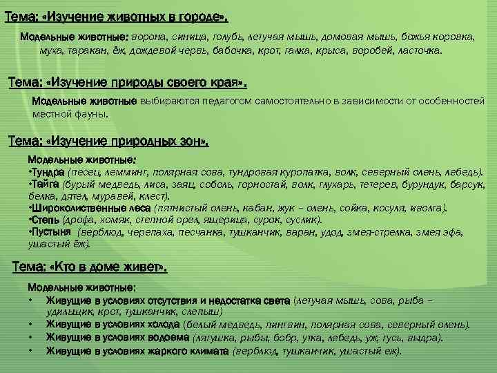 Тема: «Изучение животных в городе» . Модельные животные: ворона, синица, голубь, летучая мышь, домовая