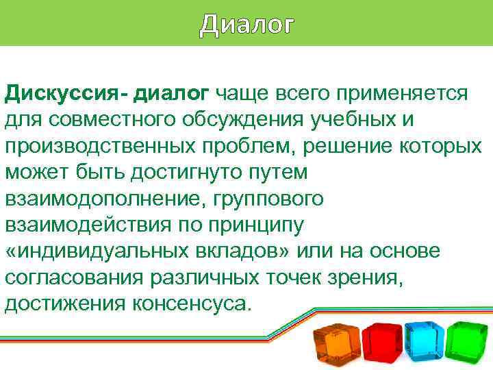 Диалог Дискуссия- диалог чаще всего применяется для совместного обсуждения учебных и производственных проблем, решение