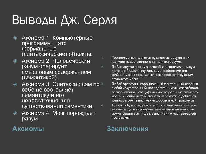 Выводы Дж. Серля Аксиома 1. Компьютерные программы – это формальные (синтаксические) объекты. 1. Аксиома