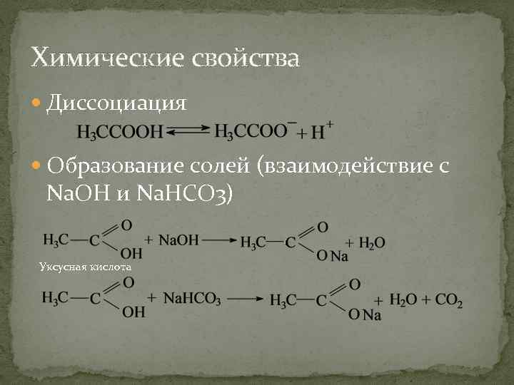 Химические свойства Диссоциация Образование солей (взаимодействие с Na. OH и Na. HCO 3) Уксусная