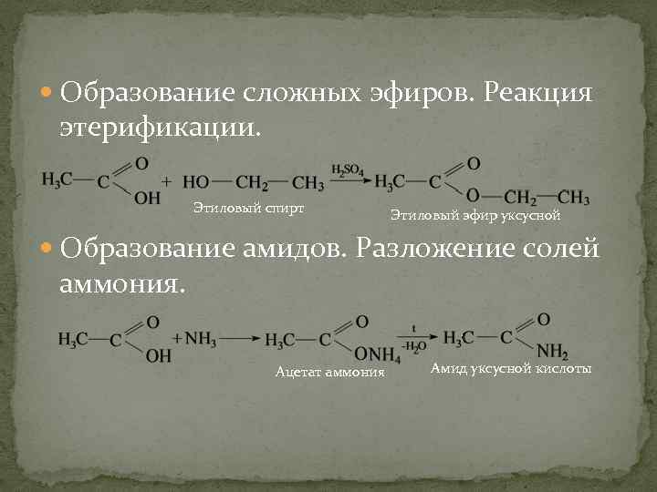  Образование сложных эфиров. Реакция этерификации. Этиловый спирт Этиловый эфир уксусной Образование амидов. Разложение