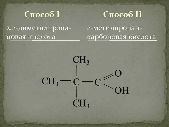 Способ I 2, 2 -диметилпропановая кислота Способ II 2 -метилпропанкарбоновая кислота 