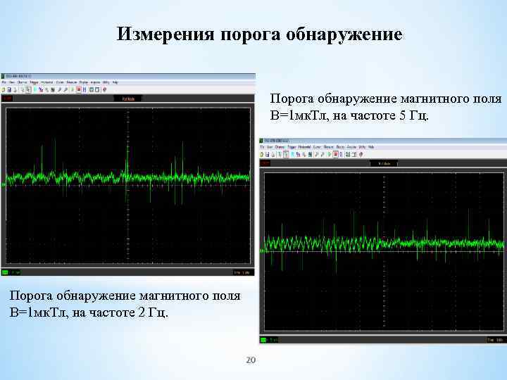 Измерения порога обнаружение Порога обнаружение магнитного поля В=1 мк. Тл, на частоте 5 Гц.