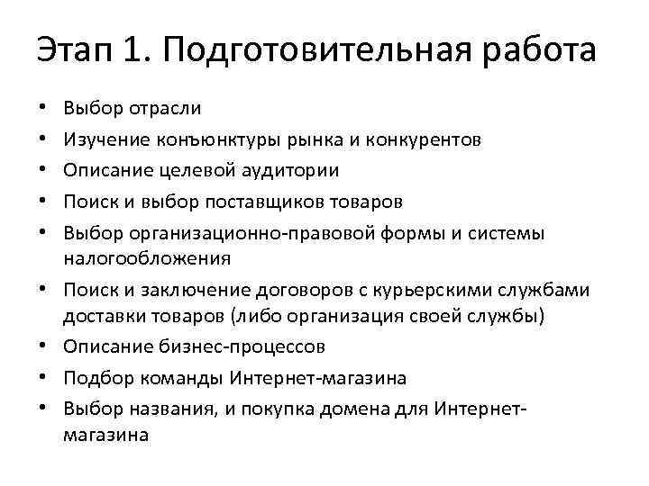 Этап 1. Подготовительная работа • • • Выбор отрасли Изучение конъюнктуры рынка и конкурентов