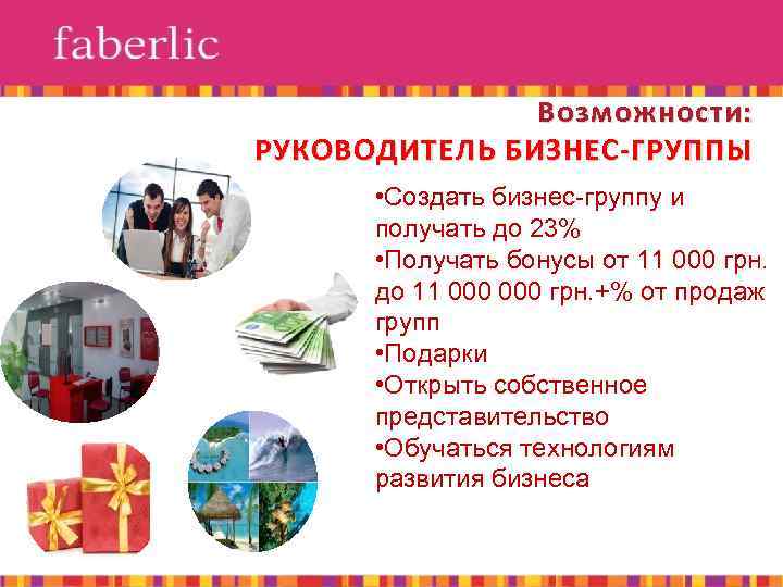 Возможности: РУКОВОДИТЕЛЬ БИЗНЕС-ГРУППЫ • Создать бизнес-группу и получать до 23% • Получать бонусы от