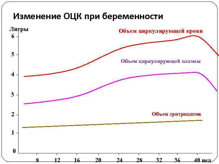 Изменение ОЦК при беременности Литры 6 Объем циркулирующей крови 5 Объем циркулирующей плазмы 4