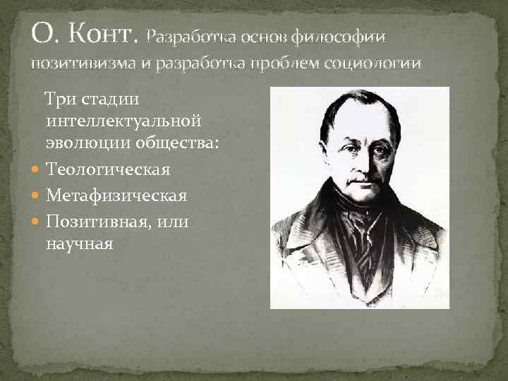 О. Конт. Разработка основ философии позитивизма и разработка проблем социологии Три стадии интеллектуальной эволюции