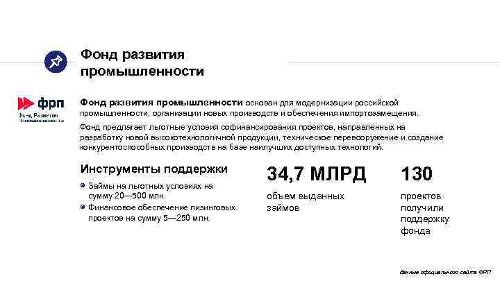Фонд развития промышленности основан для модернизации российской промышленности, организации новых производств и обеспечения импортозамещения.