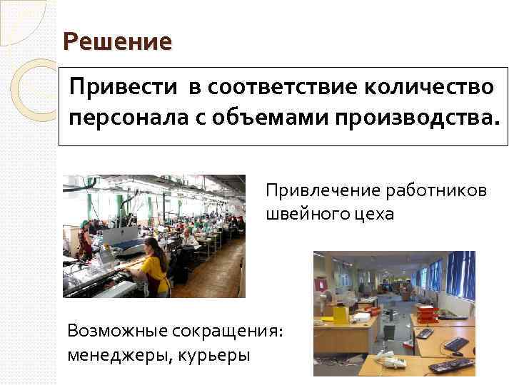 Решение Привести в соответствие количество персонала с объемами производства. Привлечение работников швейного цеха Возможные