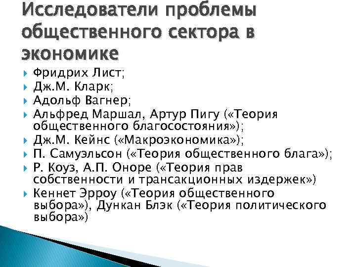 Исследователи проблемы общественного сектора в экономике Фридрих Лист; Дж. М. Кларк; Адольф Вагнер; Альфред