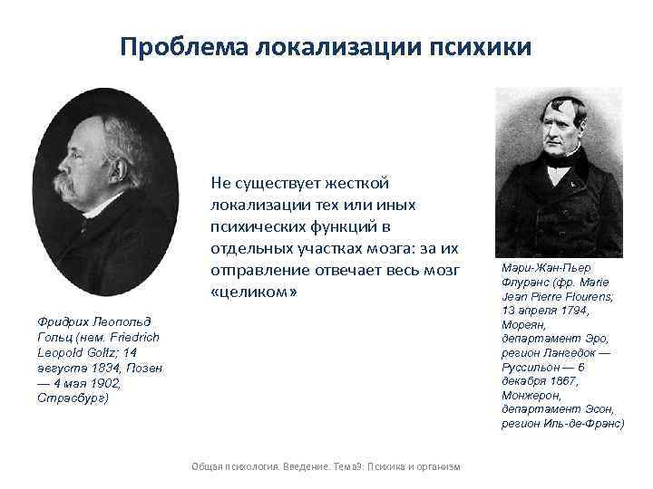 Проблема локализации психики Не существует жесткой локализации тех или иных психических функций в отдельных