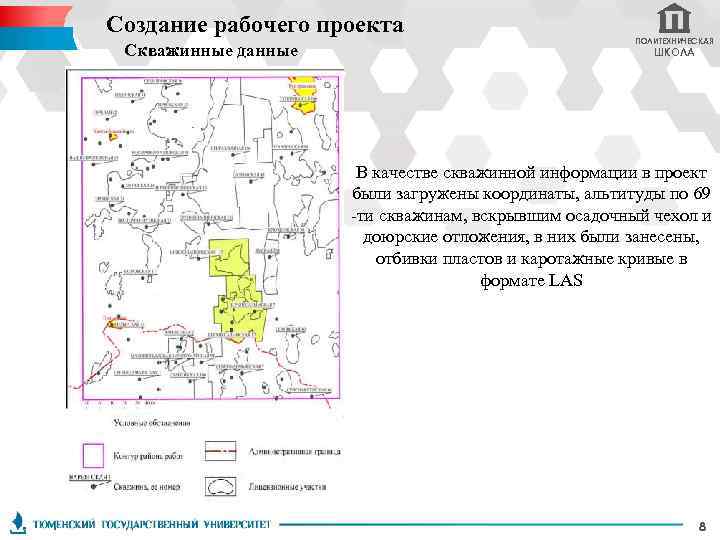 Создание рабочего проекта Скважинные данные ПОЛИТЕХНИЧЕСКАЯ ШКОЛА В качестве скважинной информации в проект были