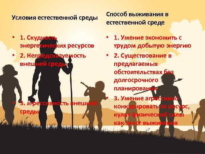 Условия естественной среды • 1. Скудность энергетических ресурсов • 2. Непредсказуемость внешней среды •