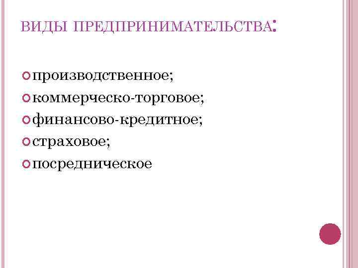 : ВИДЫ ПРЕДПРИНИМАТЕЛЬСТВА производственное; коммерческо торговое; финансово кредитное; страховое; посредническое 