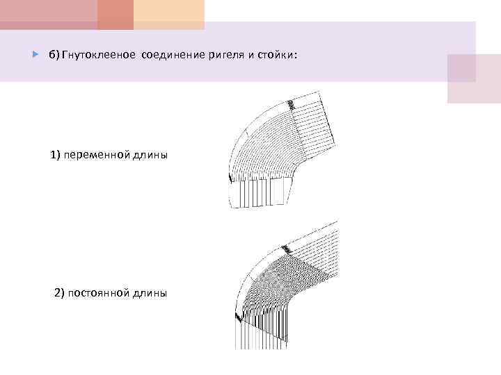  б) Гнутоклееное соединение ригеля и стойки: 1) переменной длины 2) постоянной длины 