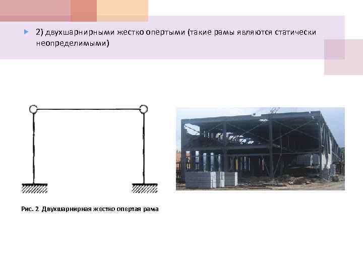  2) двухшарнирными жестко опертыми (такие рамы являются статически неопределимыми) Рис. 2 Двухшарнирная жестко