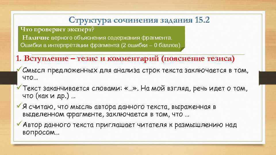 Структура сочинения задания 15. 2 Что проверяет эксперт? Наличие верного объяснения содержания фрагмента. Ошибки