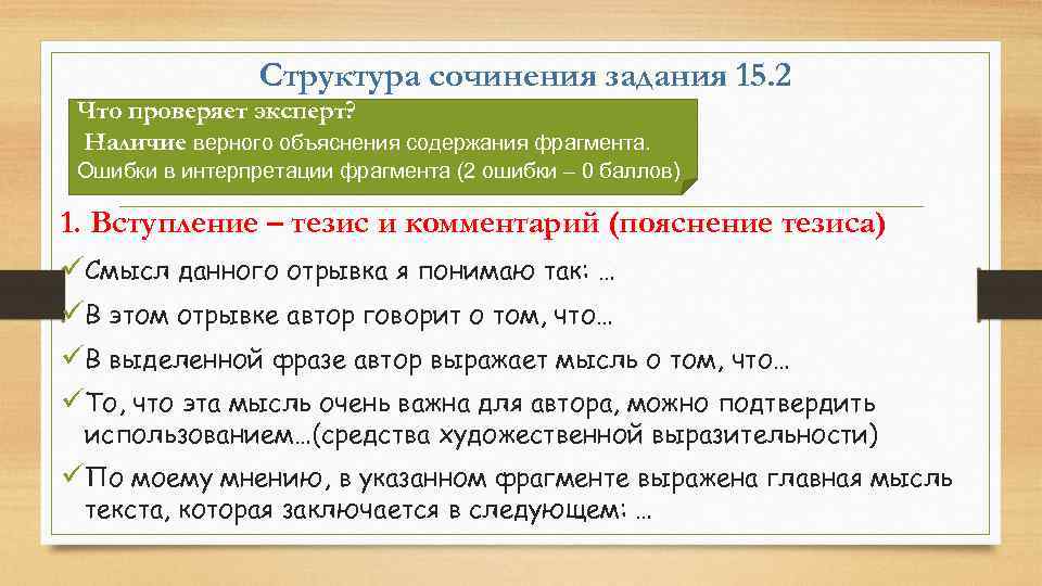 Структура сочинения задания 15. 2 Что проверяет эксперт? Наличие верного объяснения содержания фрагмента. Ошибки