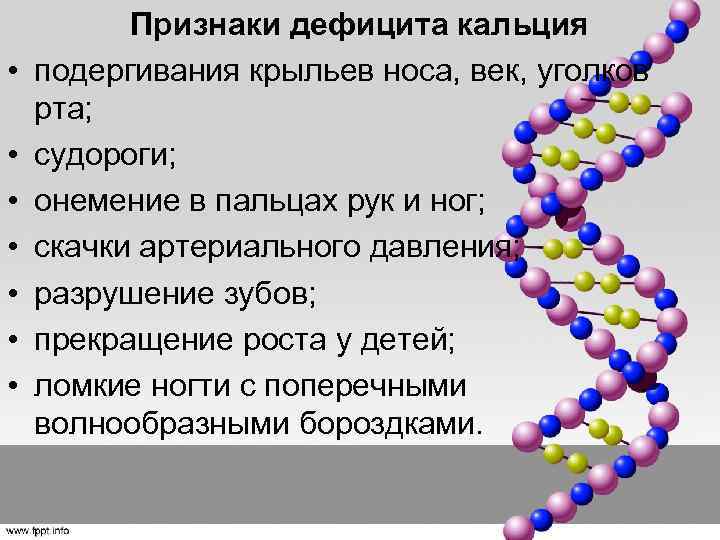  • • Признаки дефицита кальция подергивания крыльев носа, век, уголков рта; судороги; онемение