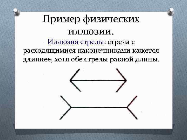 Пример физических иллюзии. Иллюзия стрелы: стрела с расходящимися наконечниками кажется длиннее, хотя обе стрелы