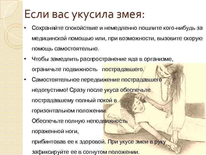 Если вас укусила змея: • Сохраняйте спокойствие и немедленно пошлите кого-нибудь за медицинской помощью