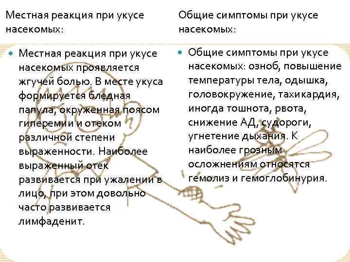 Местная реакция при укусе насекомых: Местная реакция при укусе насекомых проявляется жгучей болью. В