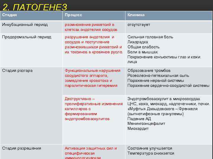 2. ПАТОГЕНЕЗ Стадия Процесс Клиника Инкубационный период размножение риккетсий в клетках эндотелия сосудов отсутствует