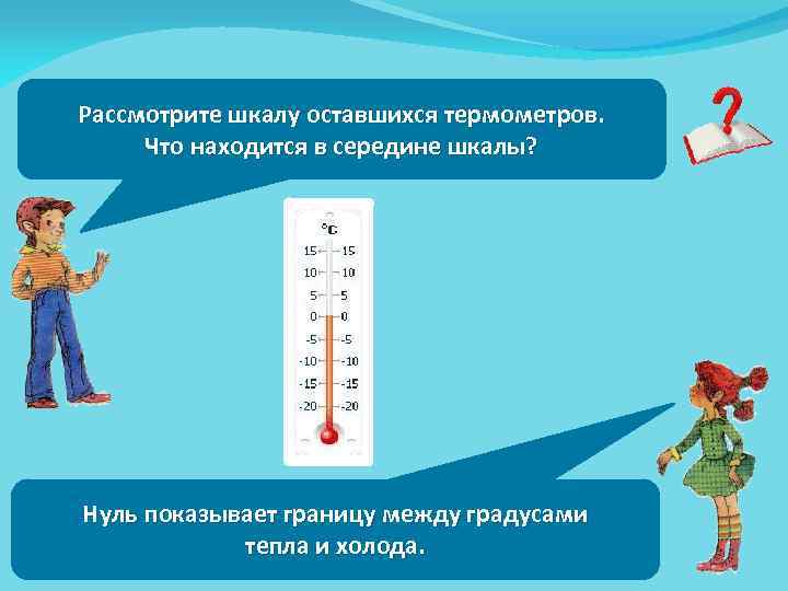 Рассмотрите шкалу оставшихся термометров. Что находится в середине шкалы? Нуль показывает границу между градусами