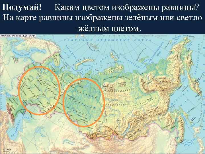 Подумай! Каким цветом изображены равнины? На карте равнины изображены зелёным или светло -жёлтым цветом.