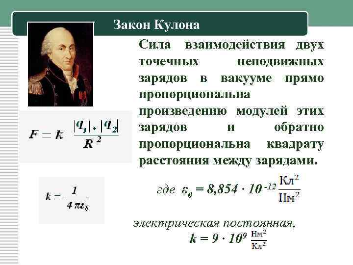 Закон Кулона Сила взаимодействия двух точечных неподвижных зарядов в вакууме прямо пропорциональна произведению модулей