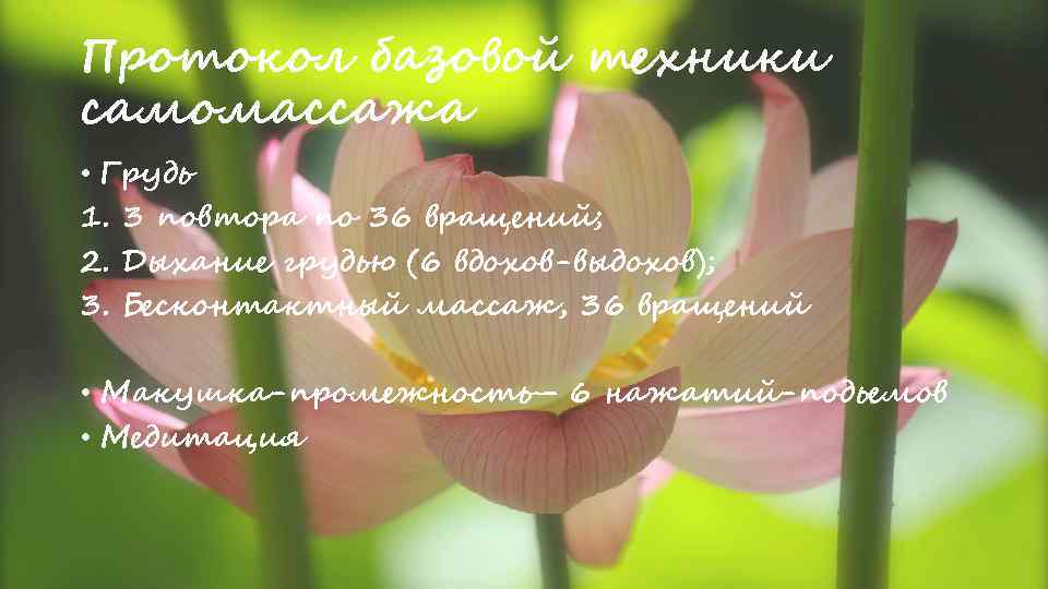 Протокол базовой техники самомассажа • Грудь 1. 3 повтора по 36 вращений; 2. Дыхание