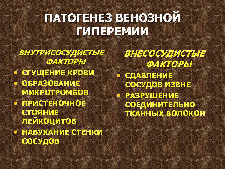 ПАТОГЕНЕЗ ВЕНОЗНОЙ ГИПЕРЕМИИ ВНЕСОСУДИСТЫЕ ФАКТОРЫ ВНУТРИСОСУДИСТЫЕ ФАКТОРЫ • СГУЩЕНИЕ КРОВИ • ОБРАЗОВАНИЕ • •