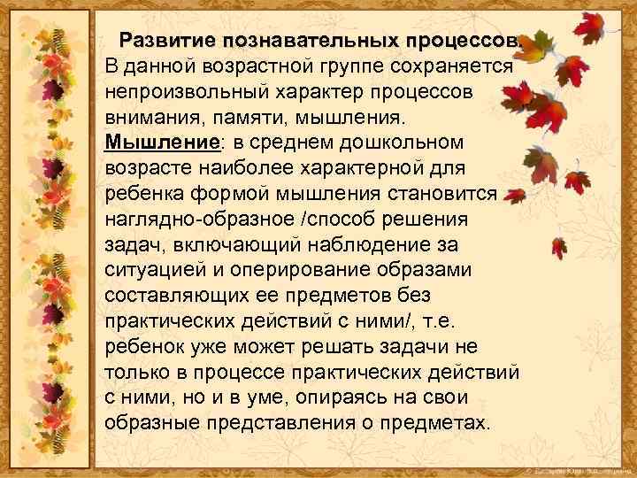 Развитие познавательных процессов. В данной возрастной группе сохраняется непроизвольный характер процессов внимания, памяти, мышления.