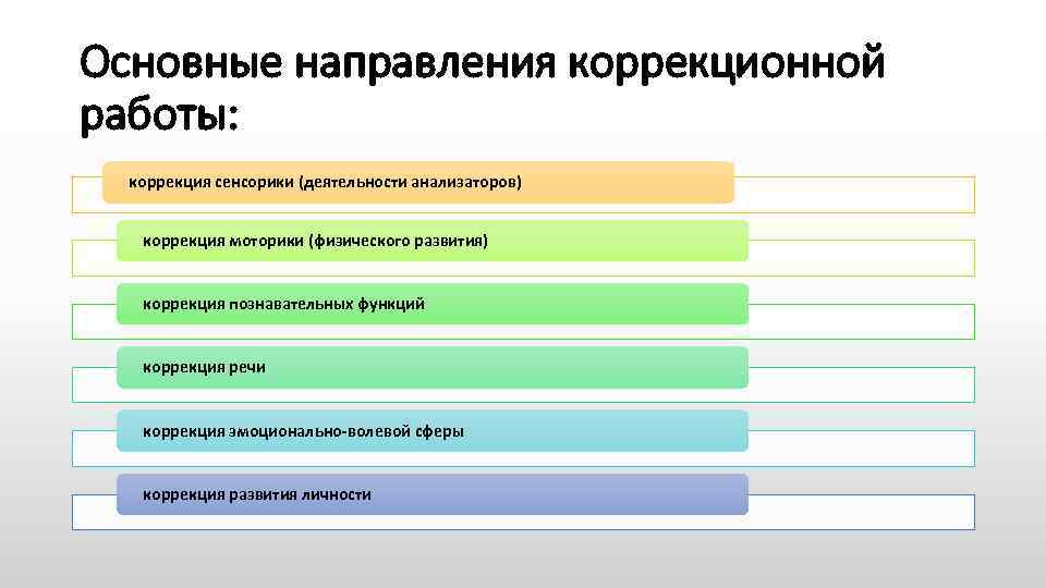 Основные направления коррекционной работы: коррекция сенсорики (деятельности анализаторов) коррекция моторики (физического развития) коррекция познавательных