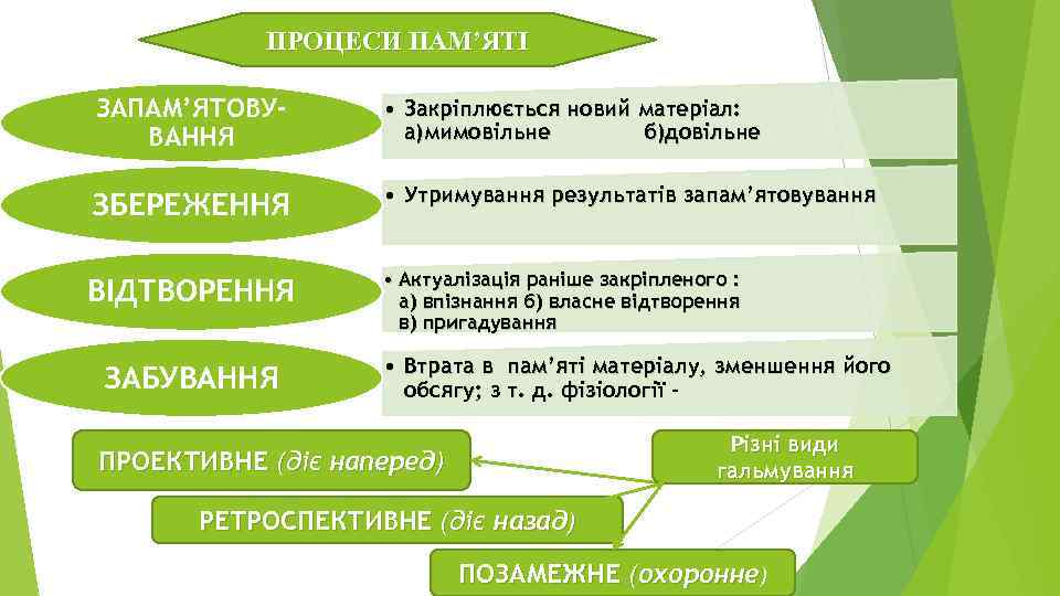 ПРОЦЕСИ ПАМ’ЯТІ ЗАПАМ’ЯТОВУВАННЯ • Закріплюється новий матеріал: а)мимовільне б)довільне ЗБЕРЕЖЕННЯ • Утримування результатів запам’ятовування