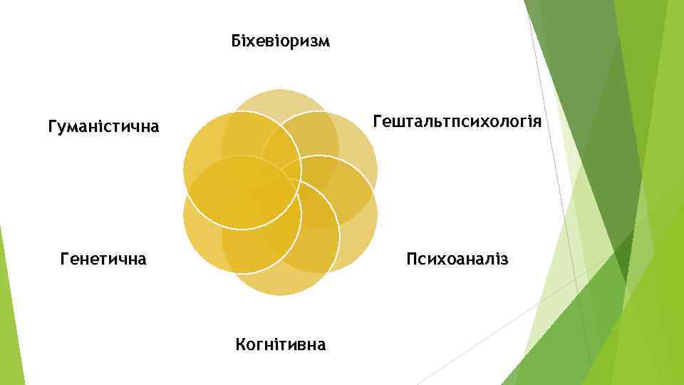 Біхевіоризм Гуманістична Гештальтпсихологія Генетична Психоаналіз Когнітивна 