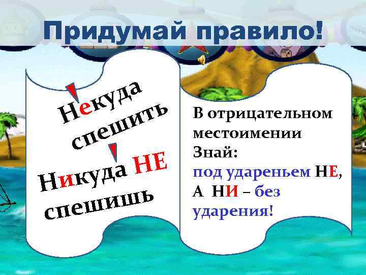Придумай правило! да ку ть Не ши пе с НЕ куда Ни ишь пеш