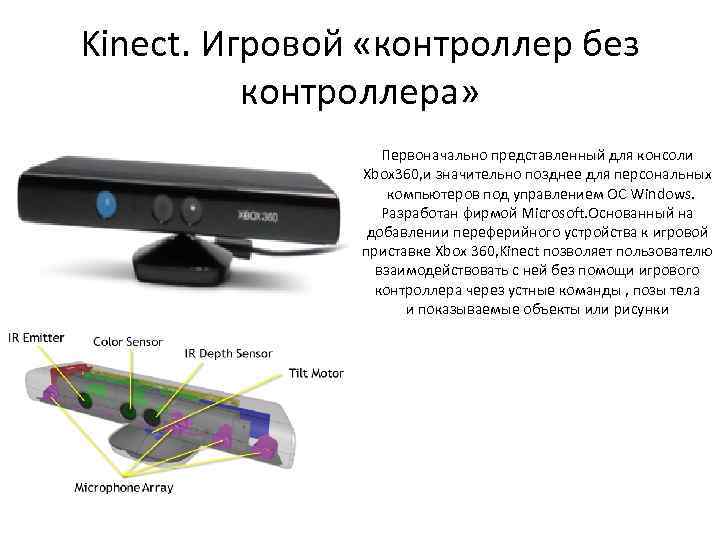 Kinect. Игровой «контроллер без контроллера» Первоначально представленный для консоли Xbox 360, и значительно позднее