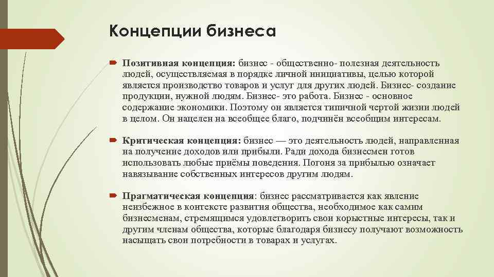Концепции бизнеса Позитивная концепция: бизнес - общественно- полезная деятельность людей, осуществляемая в порядке личной
