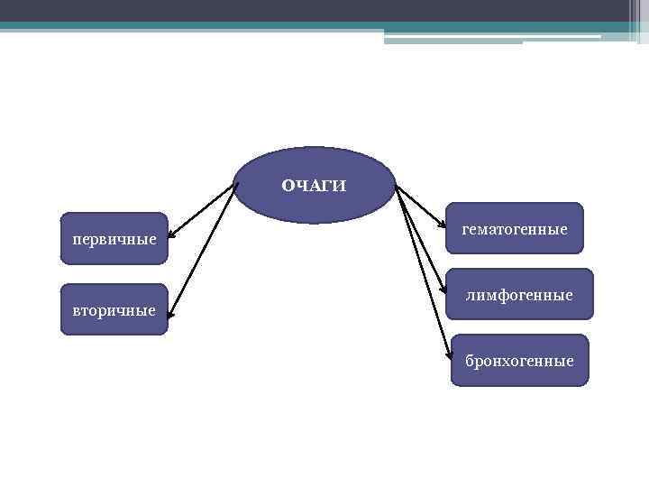 ОЧАГИ первичные вторичные гематогенные лимфогенные бронхогенные 