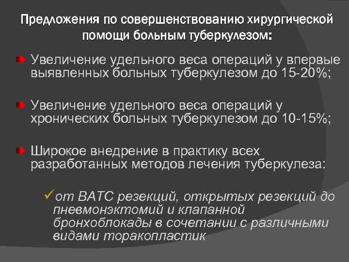 Предложения по совершенствованию хирургической помощи больным туберкулезом: Увеличение удельного веса операций у впервые выявленных