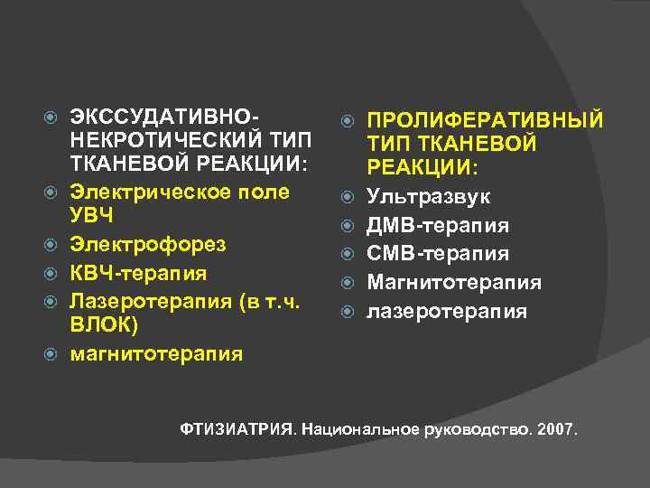  ЭКССУДАТИВНОНЕКРОТИЧЕСКИЙ ТИП ТКАНЕВОЙ РЕАКЦИИ: Электрическое поле УВЧ Электрофорез КВЧ-терапия Лазеротерапия (в т. ч.