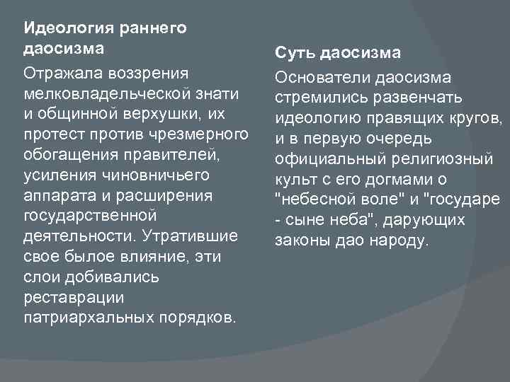 Идеология раннего даосизма Отражала воззрения мелковладельческой знати и общинной верхушки, их протест против чрезмерного